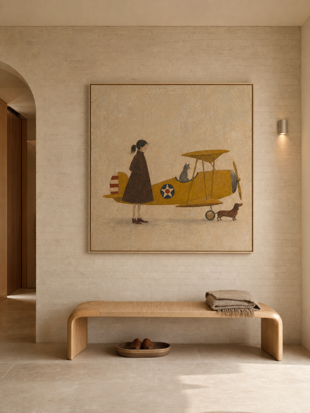 Whimsical Vintage Airplane Painting With Cat And Dog For Eclectic Home Decor