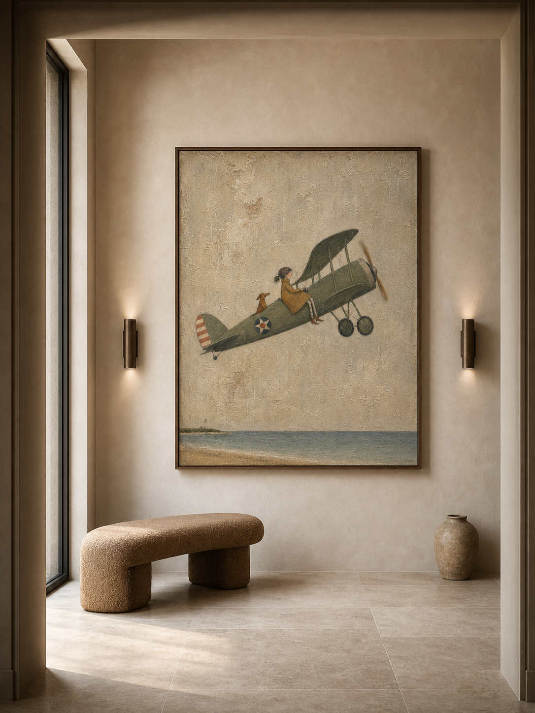 Vintage Airplane Painting Coastal Scene Original Art For Home Decor