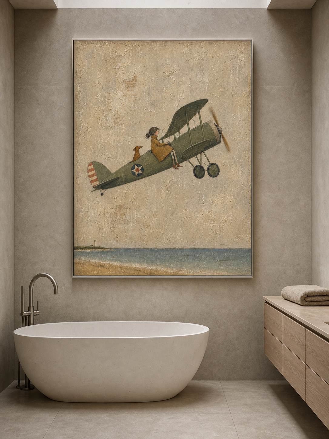 Vintage Airplane Painting Coastal Scene Original Art For Home Decor