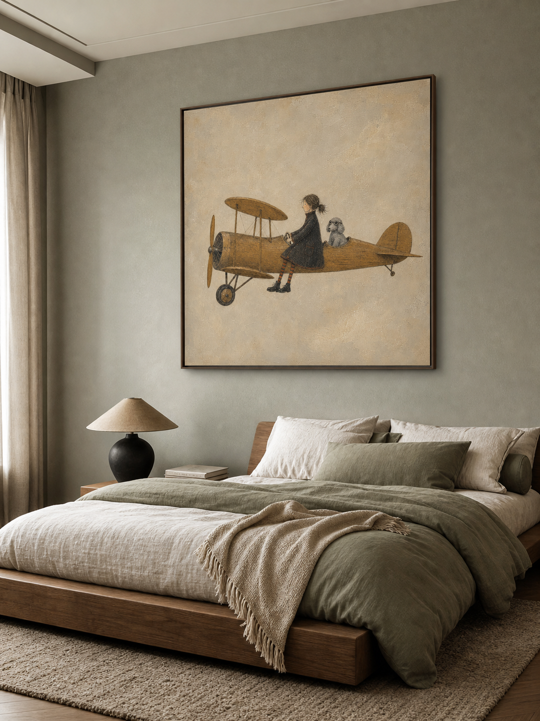Whimsical Pilot And Dog Aviation Painting Vintage Style Art For Home Decor