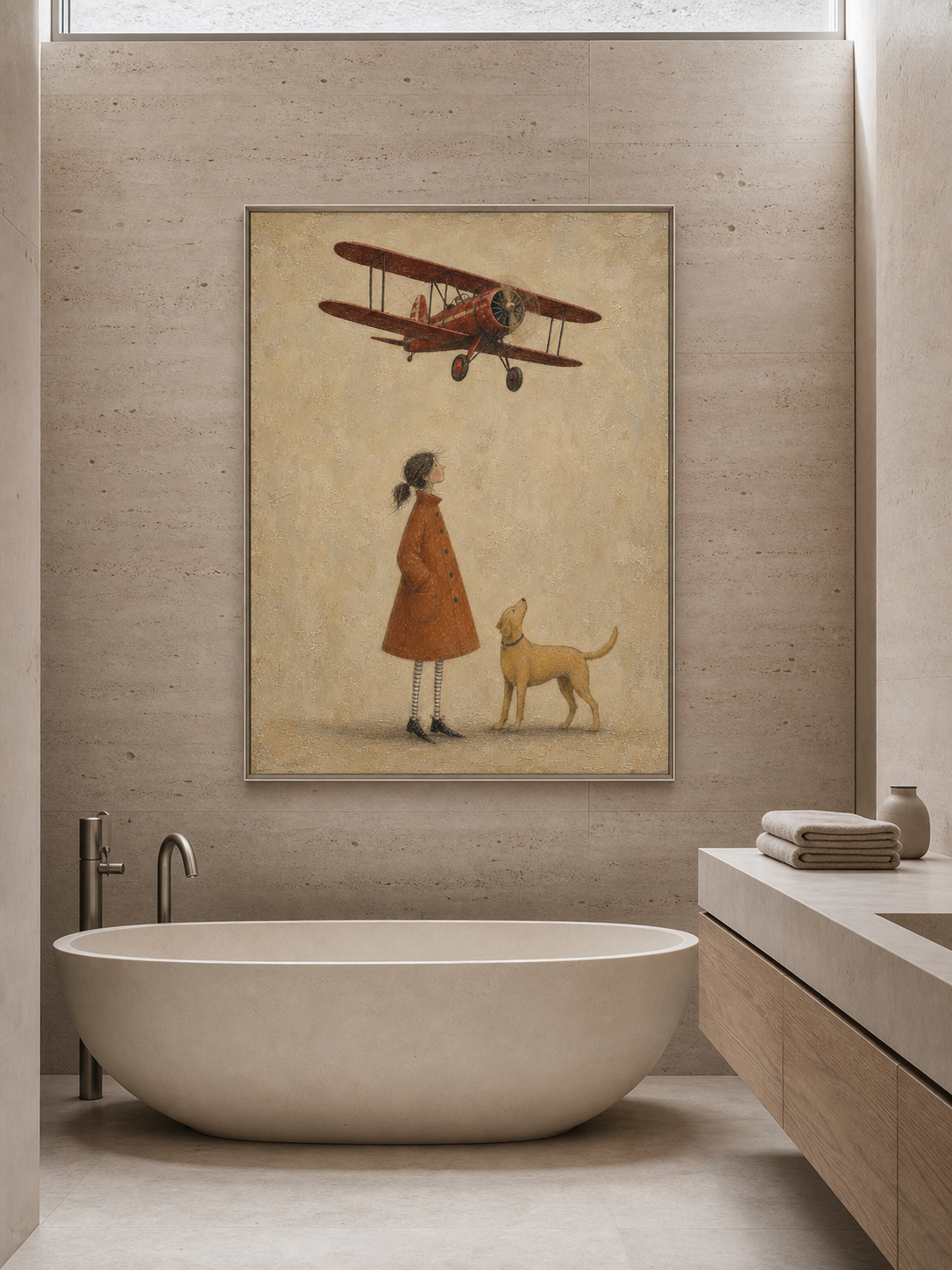 Vintage Red Biplane Painting Original Art For Travel Lovers Home Decor