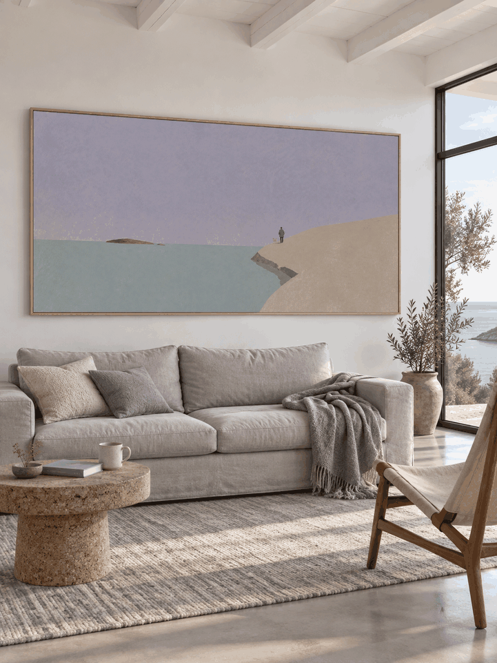 Minimalist Blue Sea And Beige Cliff Wall Art For Calm Modern Bedroom Decor