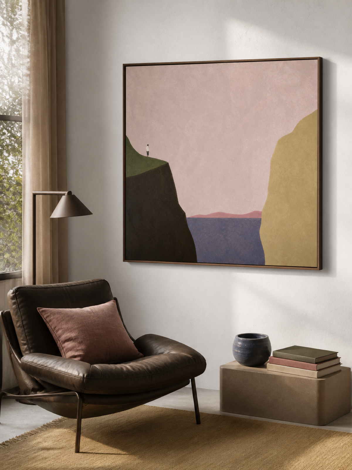 Modern Coastal Wall Art For Living Room With Earth Tones And Pink Hue