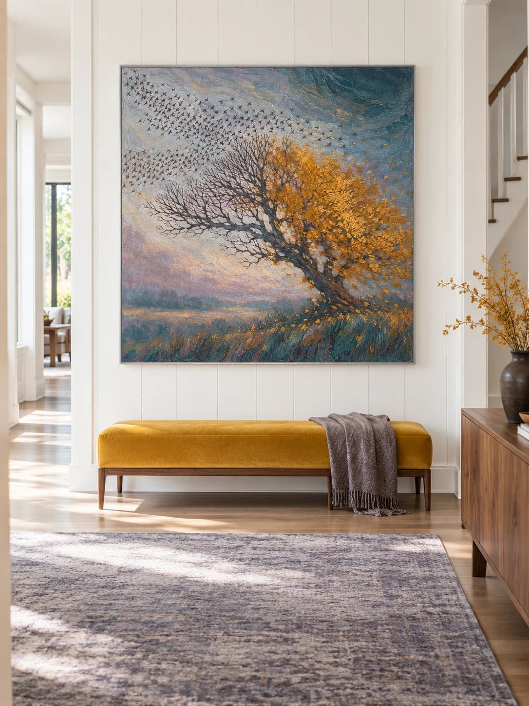 Large Autumn Tree Wall Art Hand Painted Textured Birds And Landscape Painting
