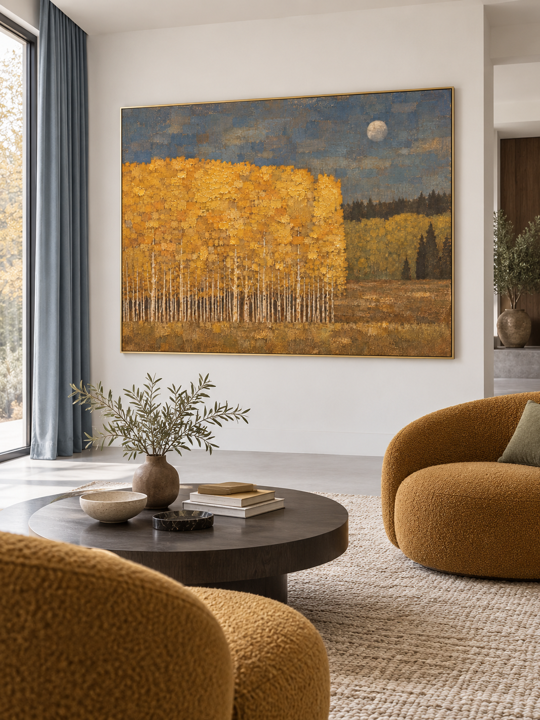Large Autumn Birch Forest Oil Painting Contemporary Moonlit Landscape Art Artwork