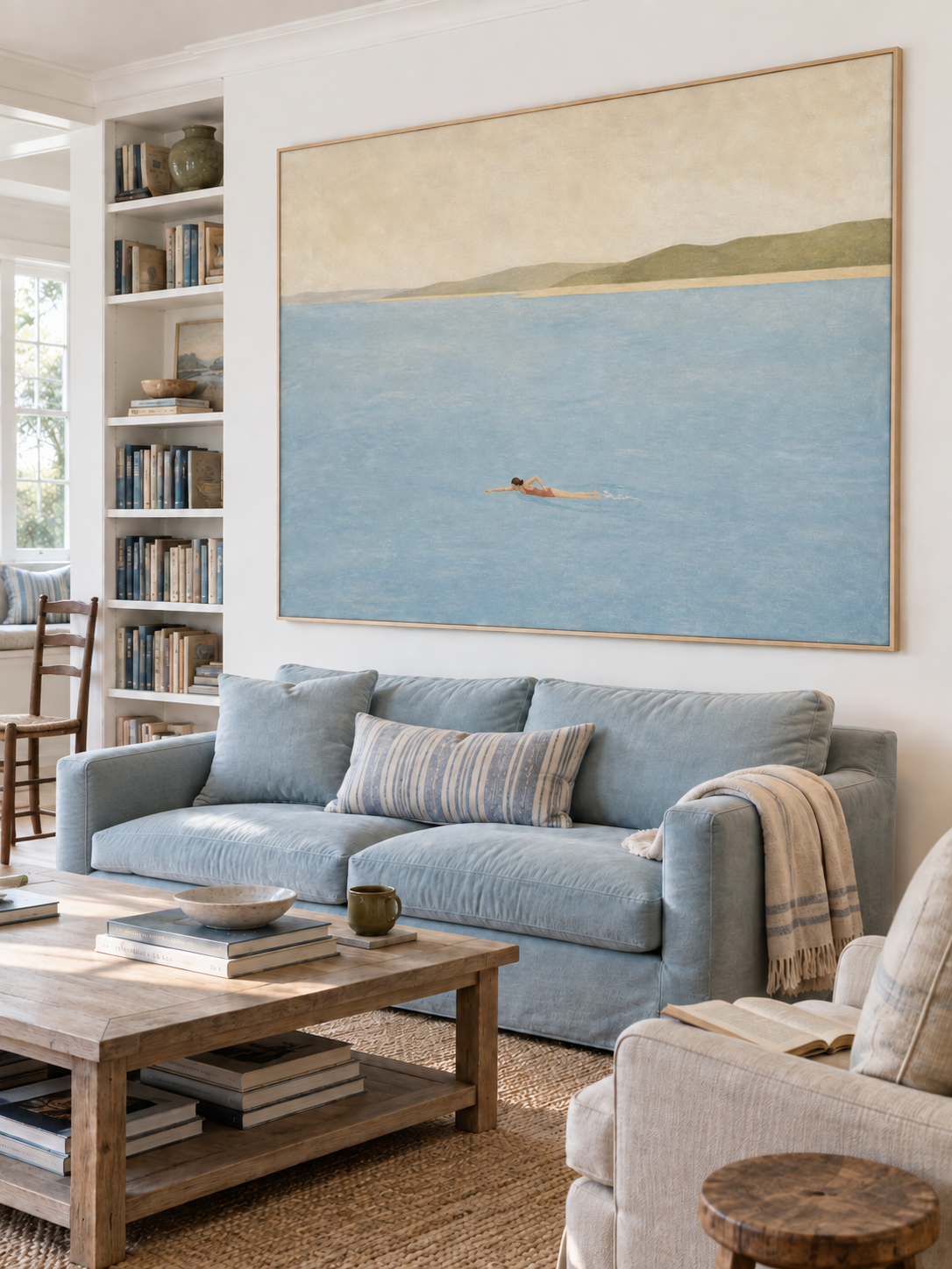 Serene Coastal Landscape Painting With Rolling Hills For Modern Bedroom