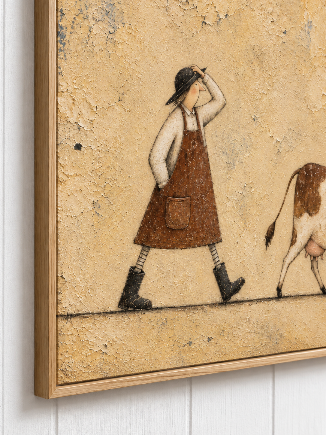 Minimalist Cow And Dachshund Painting Whimsical Rural Life Canvas Wall Art Artwork