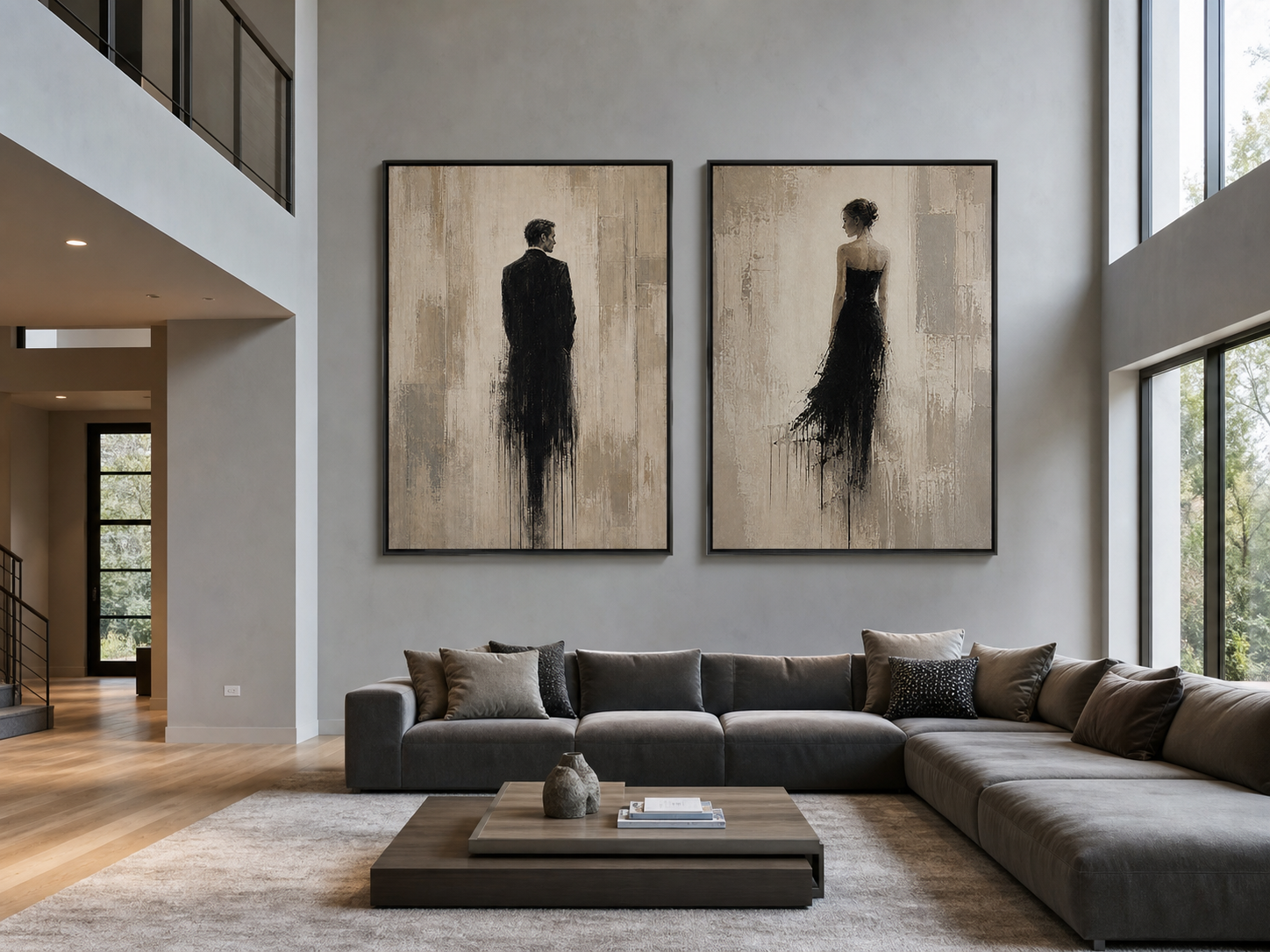 Abstract Figurative Oil Painting Diptych Beige And Black Human Forms For Living Room Wall