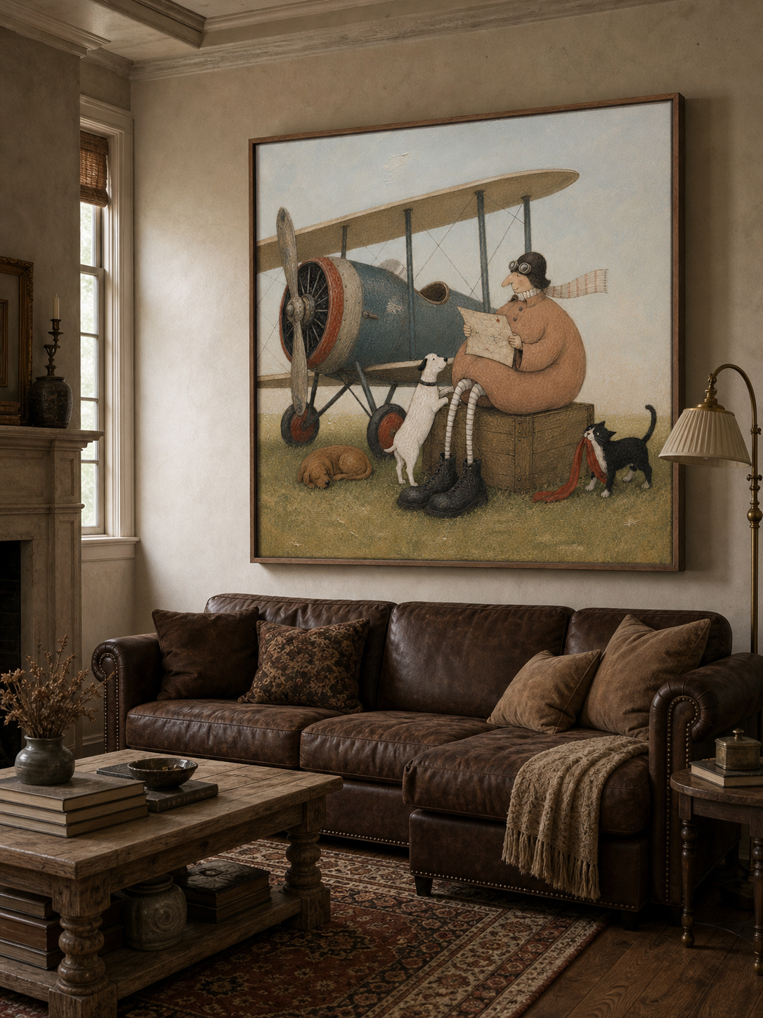 Blue Biplane Whimsical Pilot Original Surrealist Painting Vintage Airplane Art