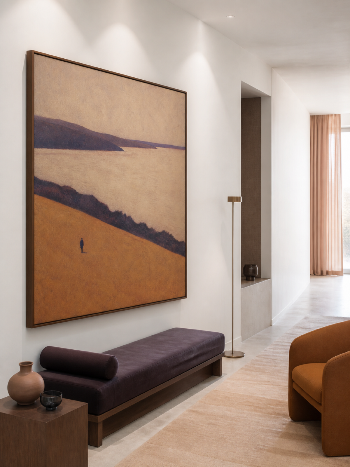 Large Warm Neutral Coastal Landscape With A Lone Traveler Framed Painting