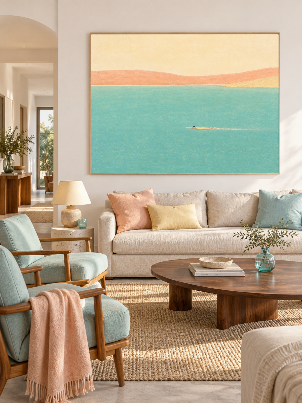 Minimalist Open Water Canvas Art With Lone Swimmer And Warm Coastal Horizon