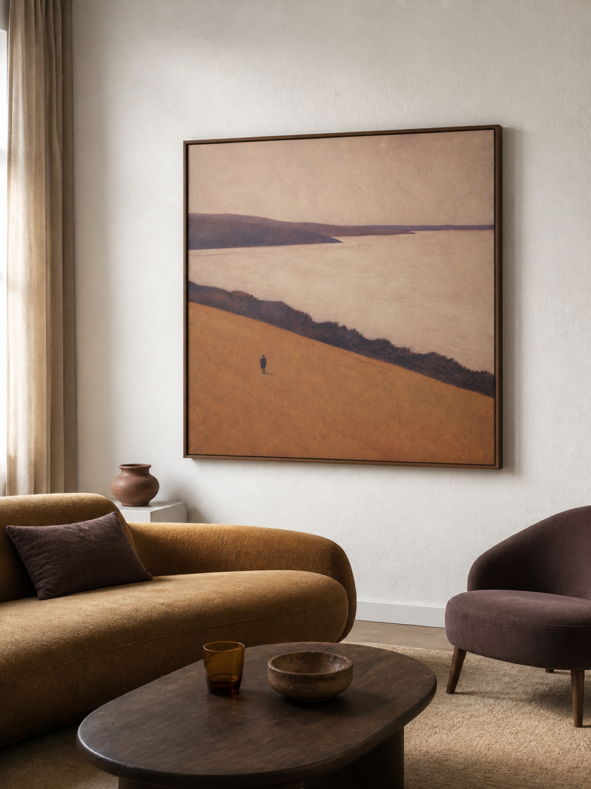 Large Warm Neutral Coastal Landscape With A Lone Traveler Framed Painting