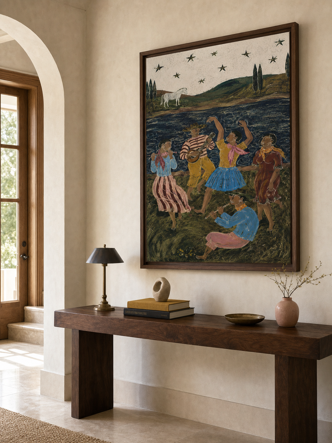 Handmade Rustic Folk Art Painting Bohemian Dancing Figures Wall Decor