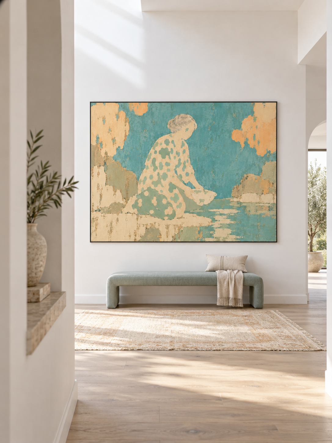 Contemporary Woman Canvas Art In Soft Blue And Cream For Living Room Decor