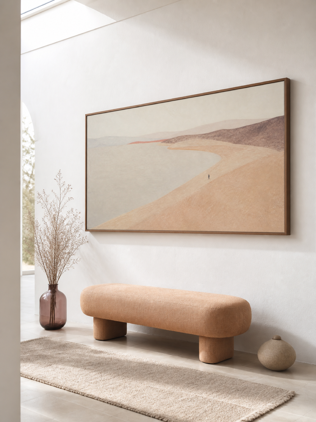 Large Pastel Shoreline Lone Figure Walking Along The Quiet Bay Canvas Art
