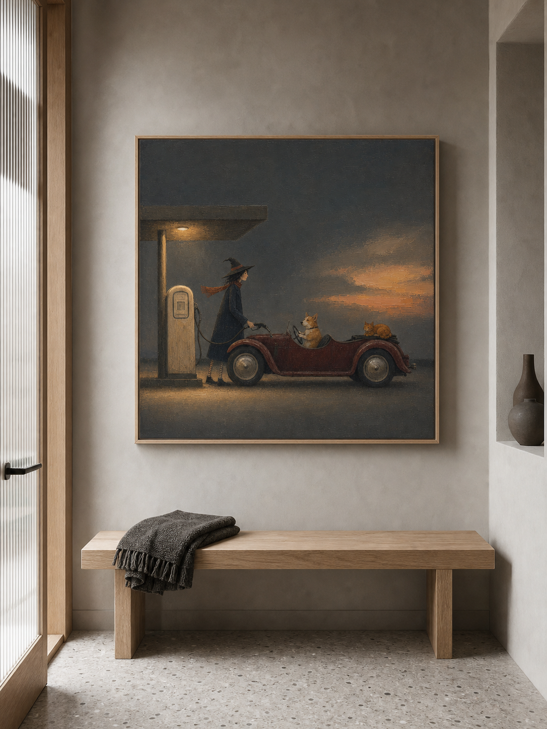 Vintage Car Painting With Witch And Dog Classic Wall Art For Home Decor