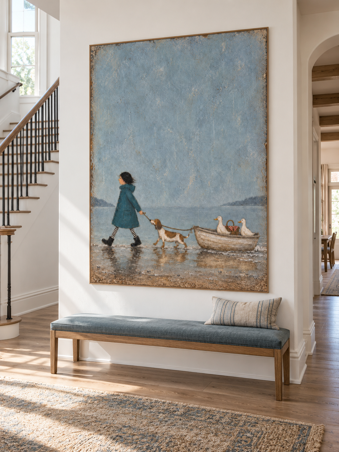 Whimsical Hand Painted Art Of A Child And Dog On A Coastal Adventure For Room Decor