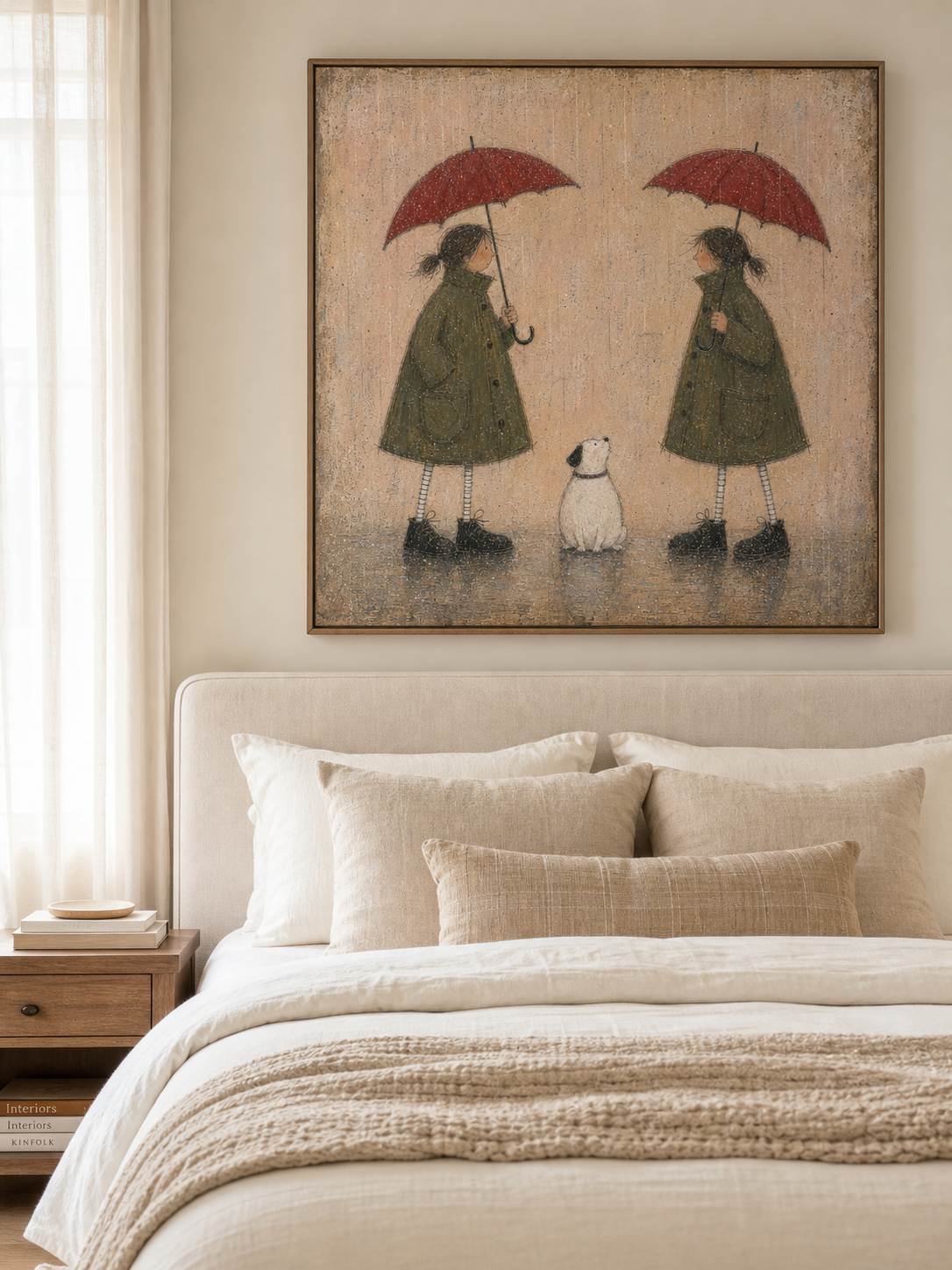 Vintage Rainy Day Art With Dog And Children In Retro Coats For Cozy Home Decor