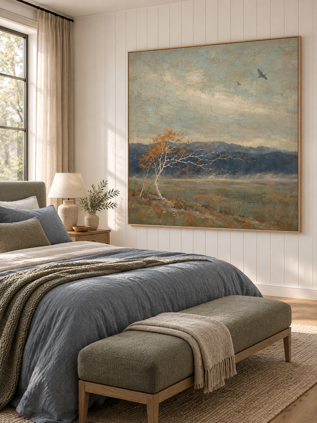 Neutral Windswept Tree And Birds Canvas Art For Quiet Modern Bedroom Decor