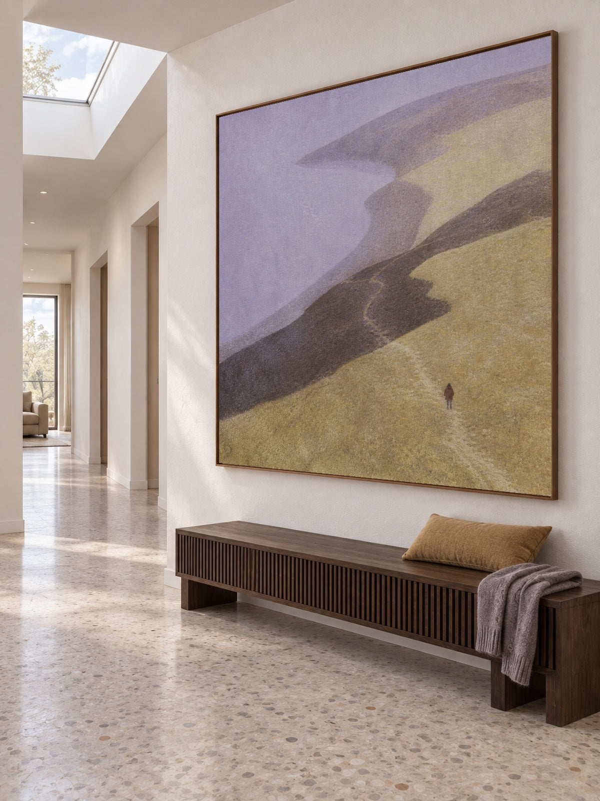 Minimalist Coastal Landscape Canvas Painting With Solitary Figure In Beige And Purple
