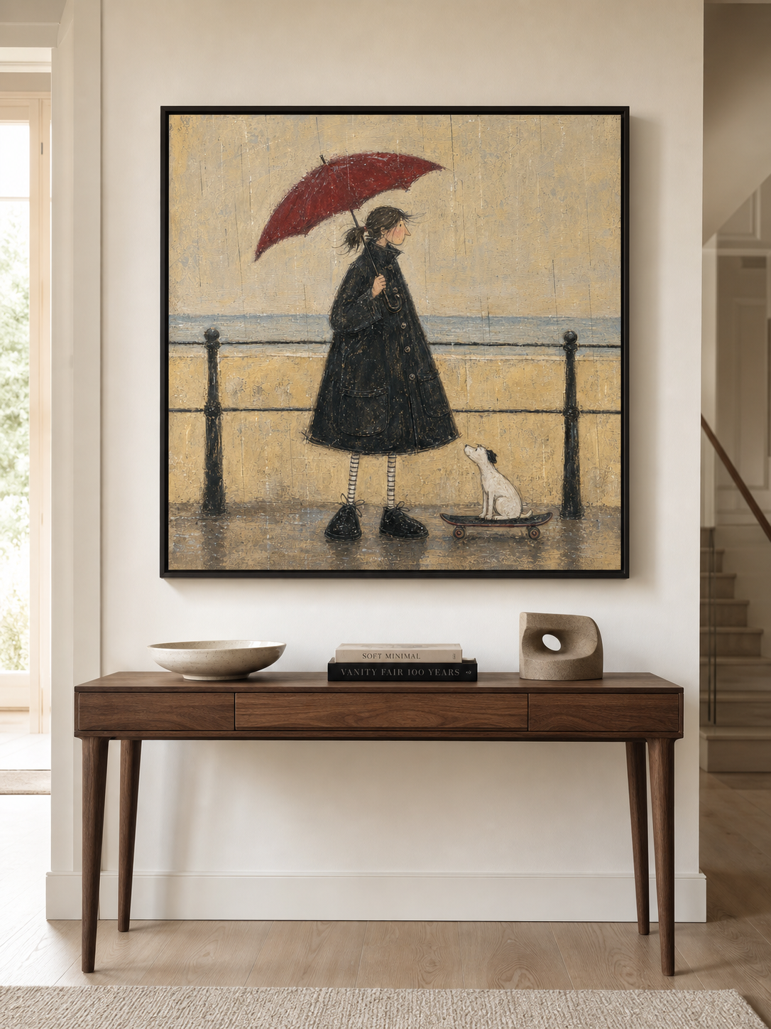 Large Minimalist Art Rainy Day Woman With Red Umbrella Framed Oil Painting