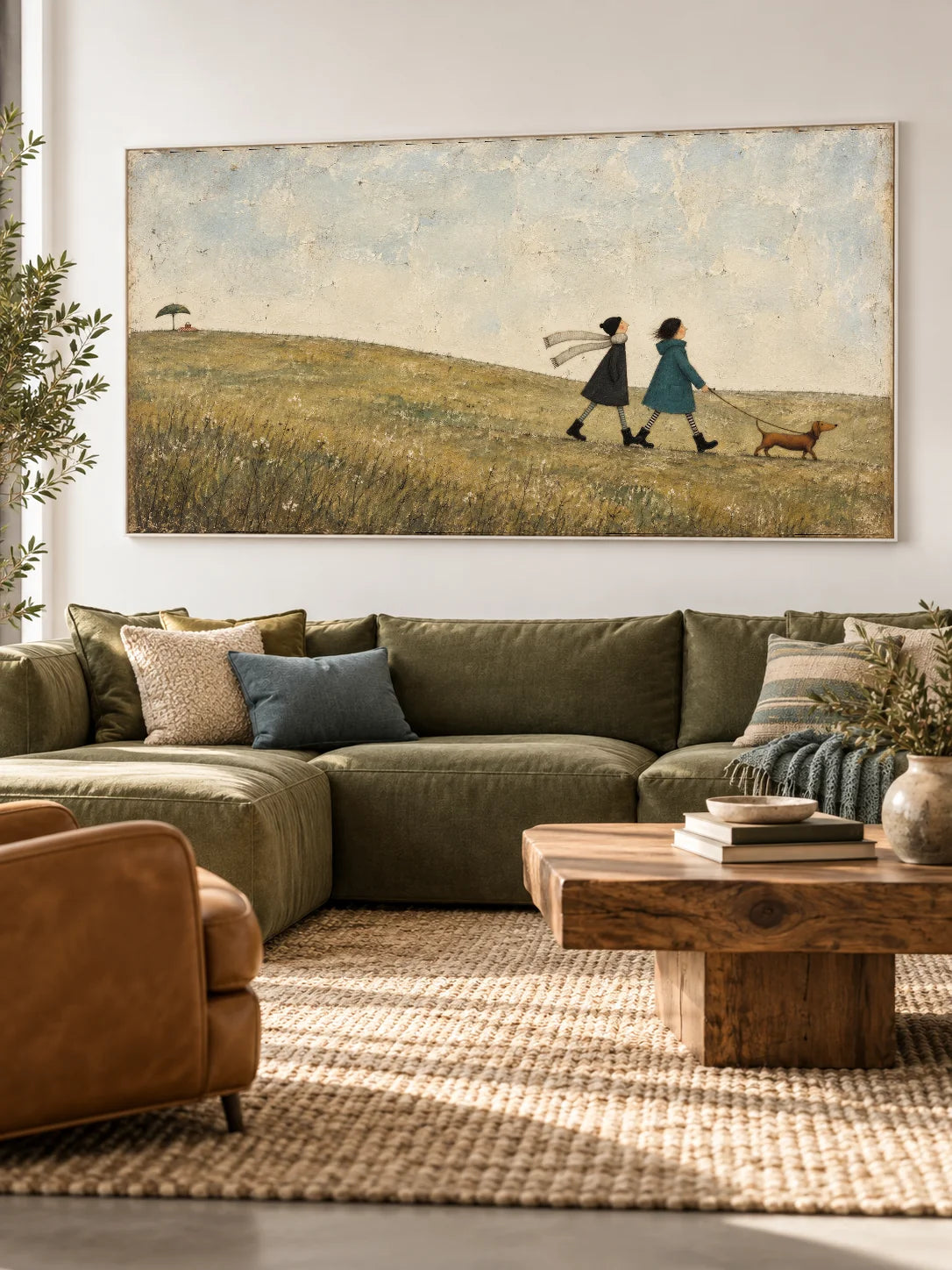 Whimsical Friends Walking Wall Art Hand Painted Girl And Dachshund Painting