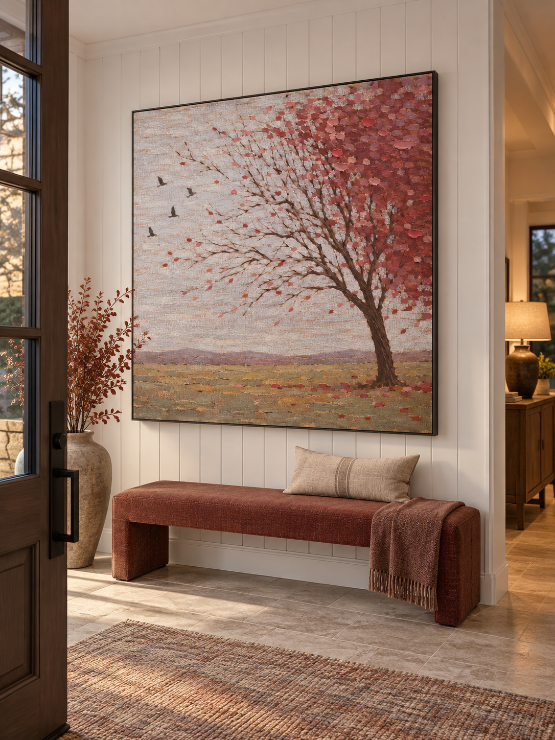 Hand Painted Autumn Tree Wall Art Large Blush Pink Rural Landscape Artwork Painting
