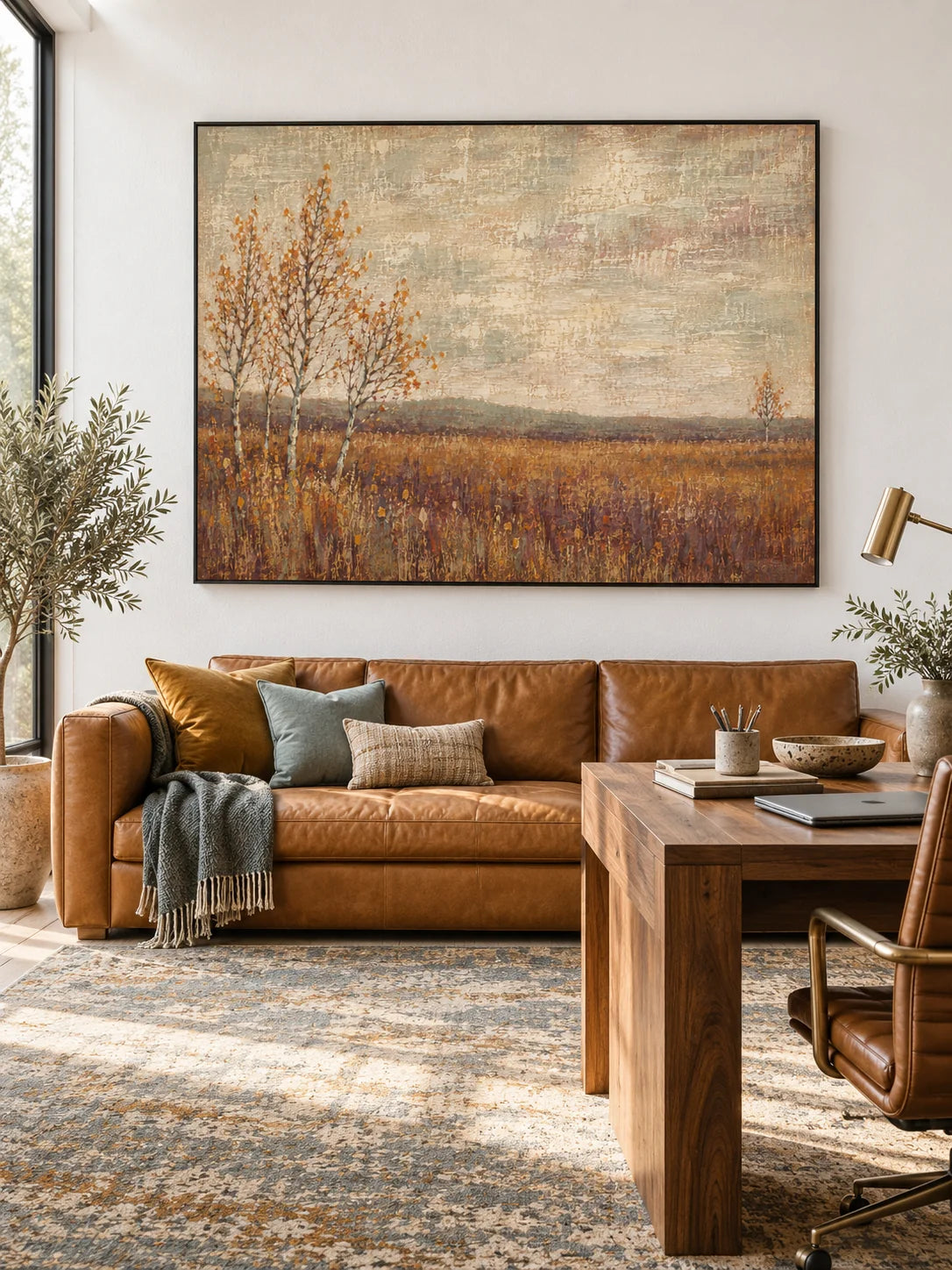 Minimalist Autumn Meadow Painting Large Neutral Beige And Rust Landscape Artwork