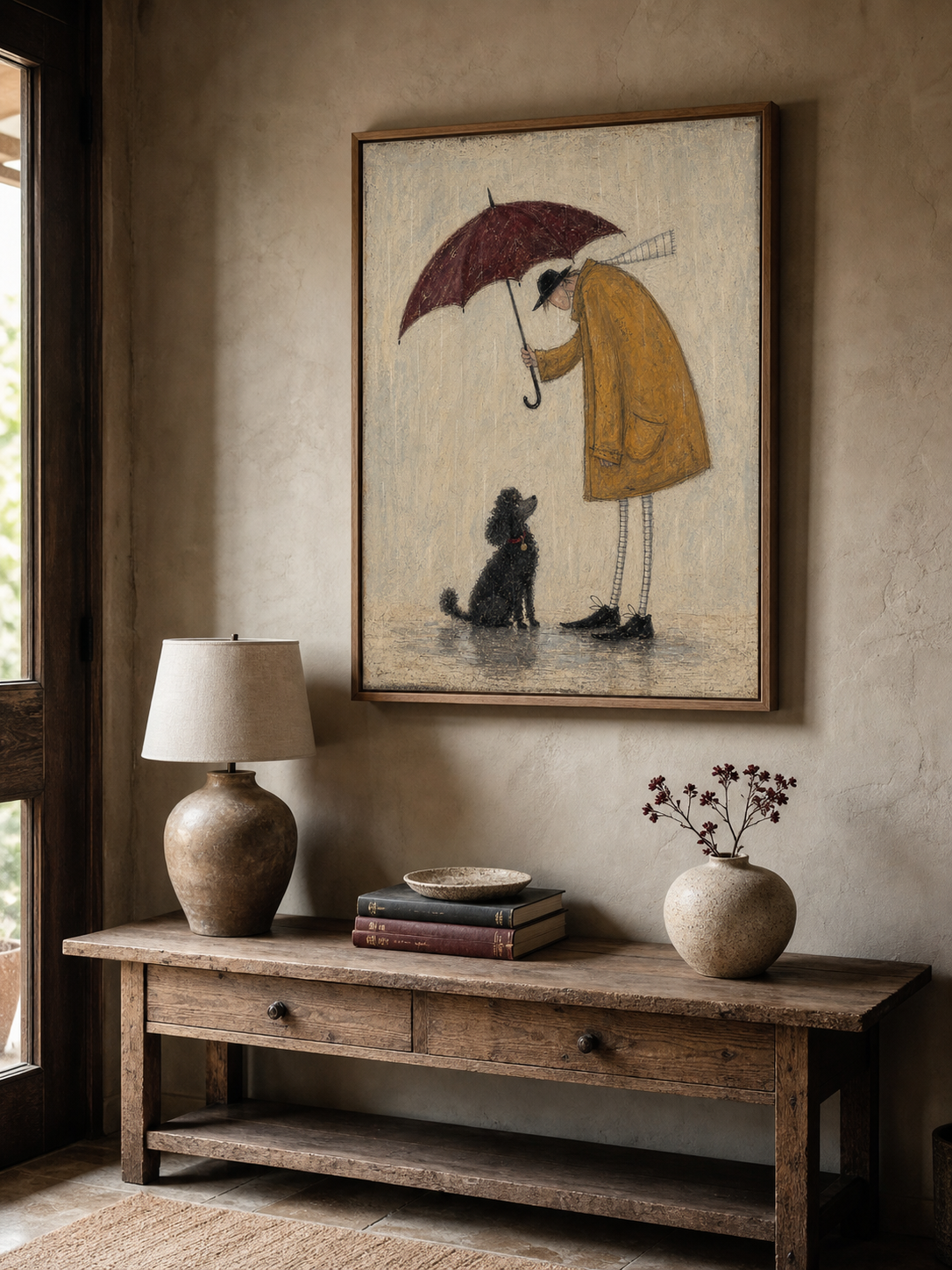 Original Hand-Painted Man And Black Poodle Wall Art, Rainy Day Companion Painting