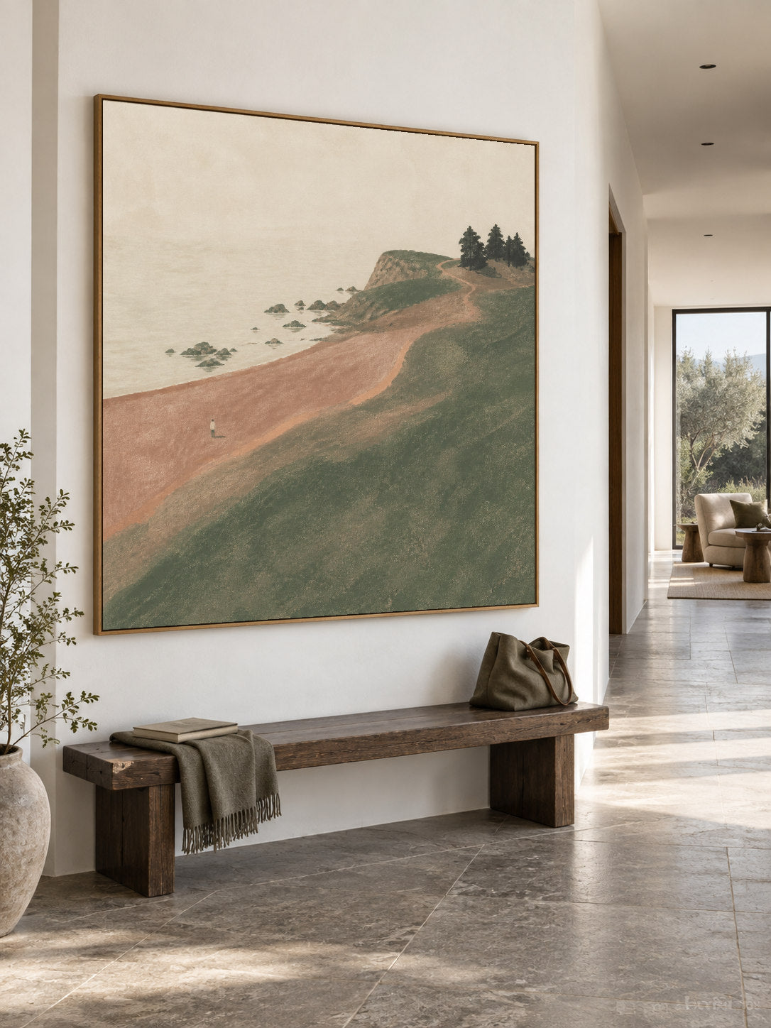 Coastal Cliff Landscape Hand-Painted Canvas Art With Solitary Figure And Pine Trees