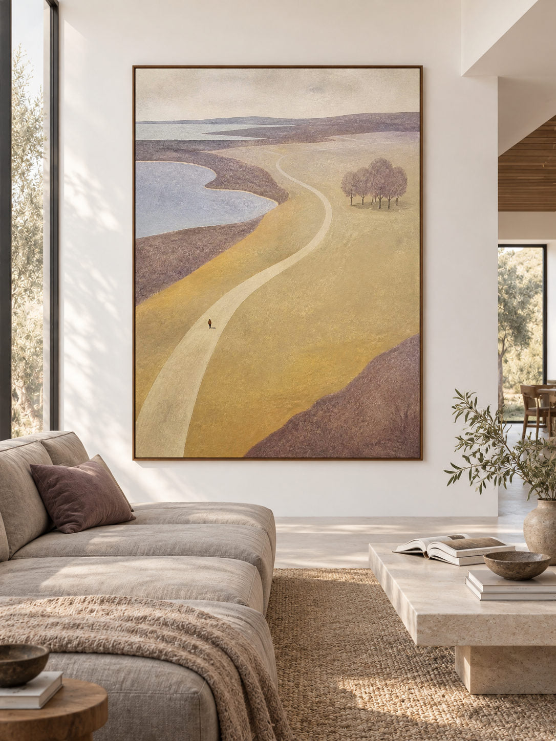 Neutral Ochre Landscape Wall Art With Distant Trees For Modern Bedroom Decor