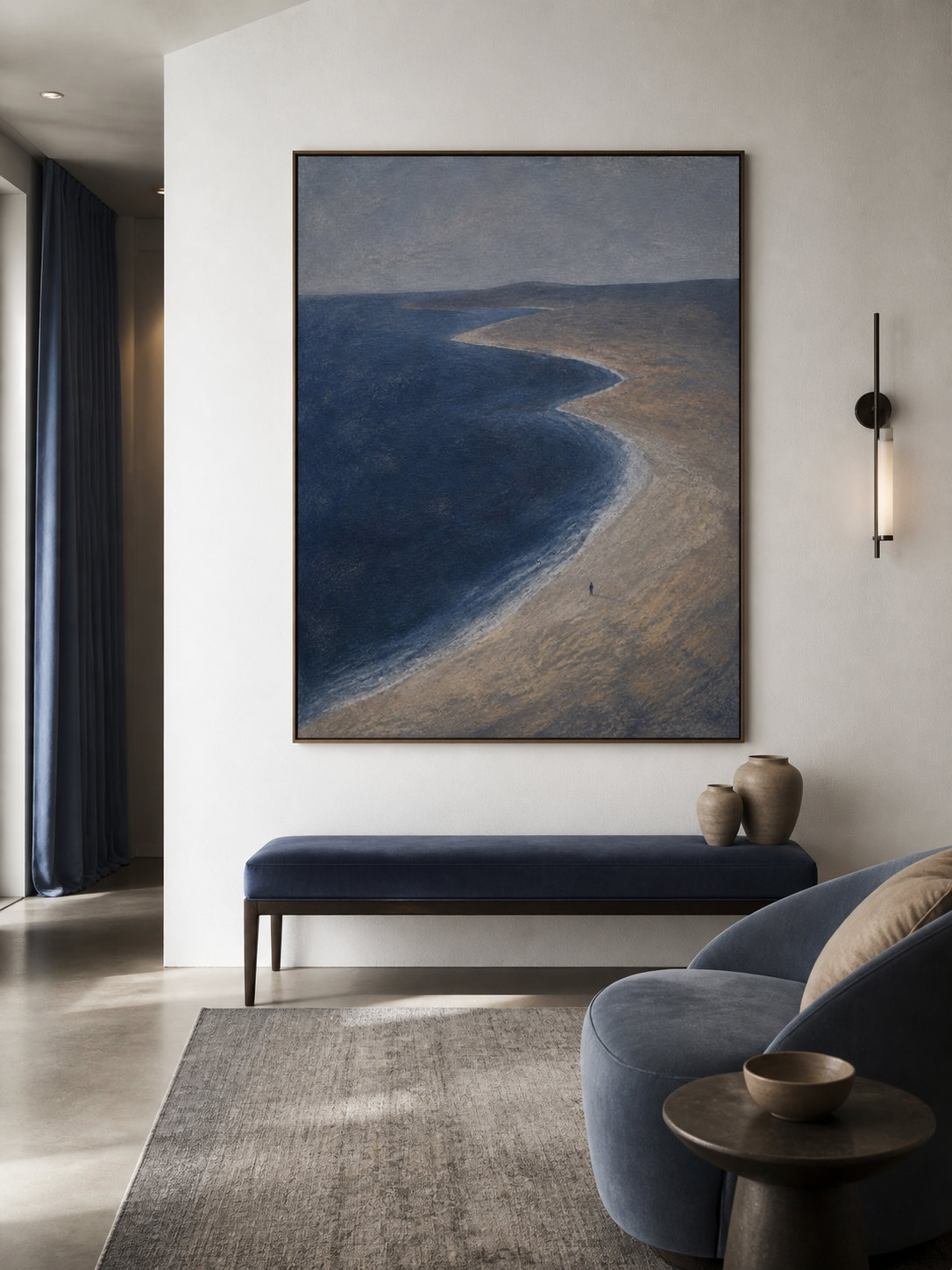 Deep Navy Coastal Wall Art Minimalist Ocean Landscape For Bedroom