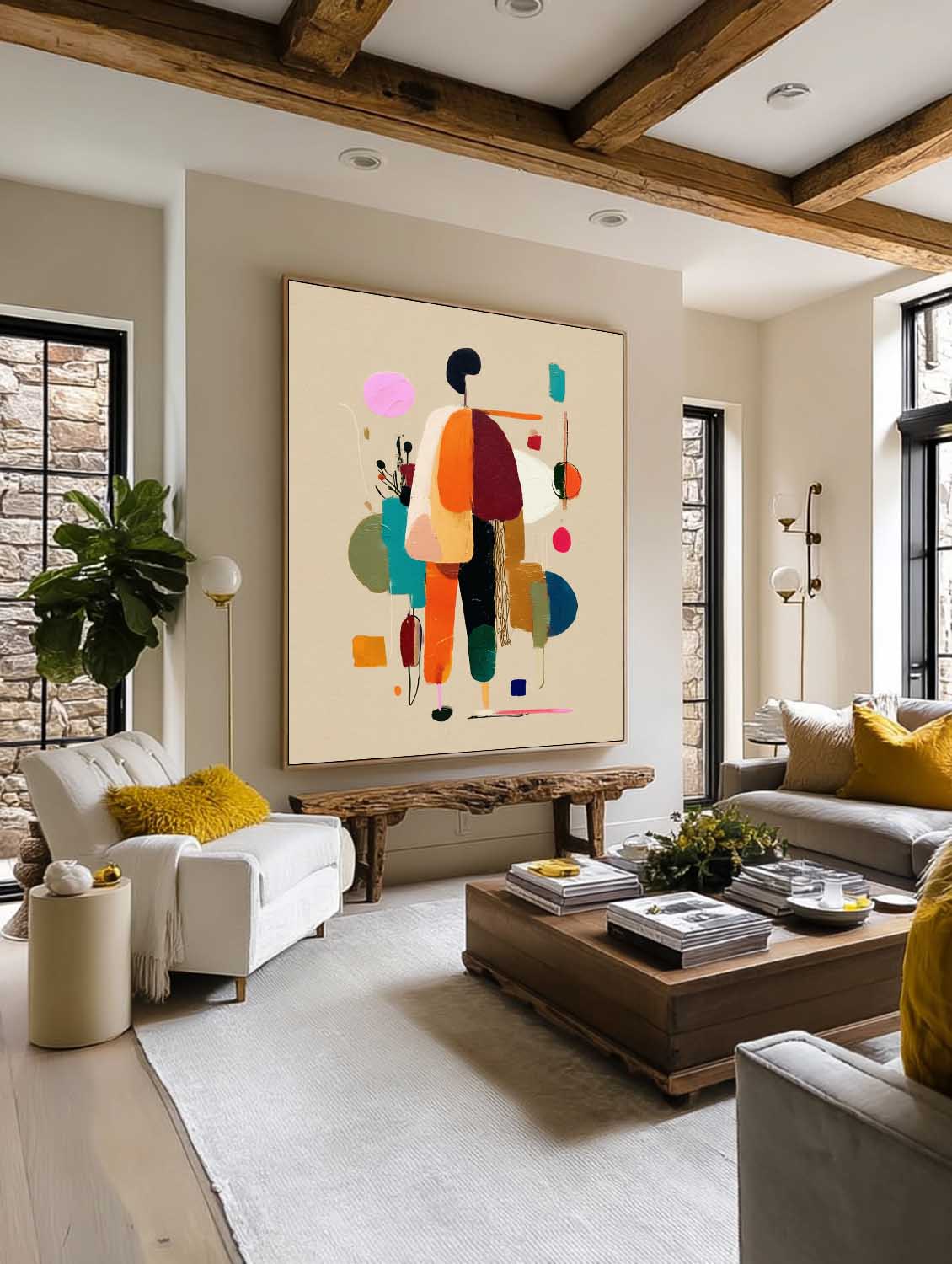 Colorful Minimalist Abstract Oil Painting With Textured Beige Background