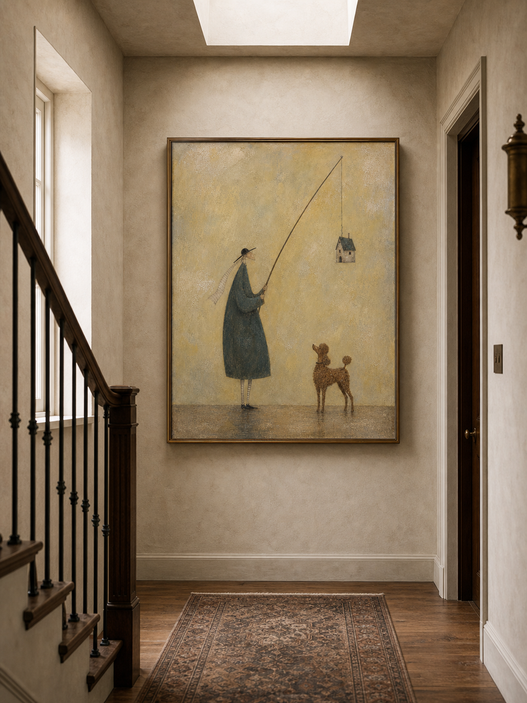 Large Man With House And Poodle Oil Painting Handmade Whimsical Wall Art