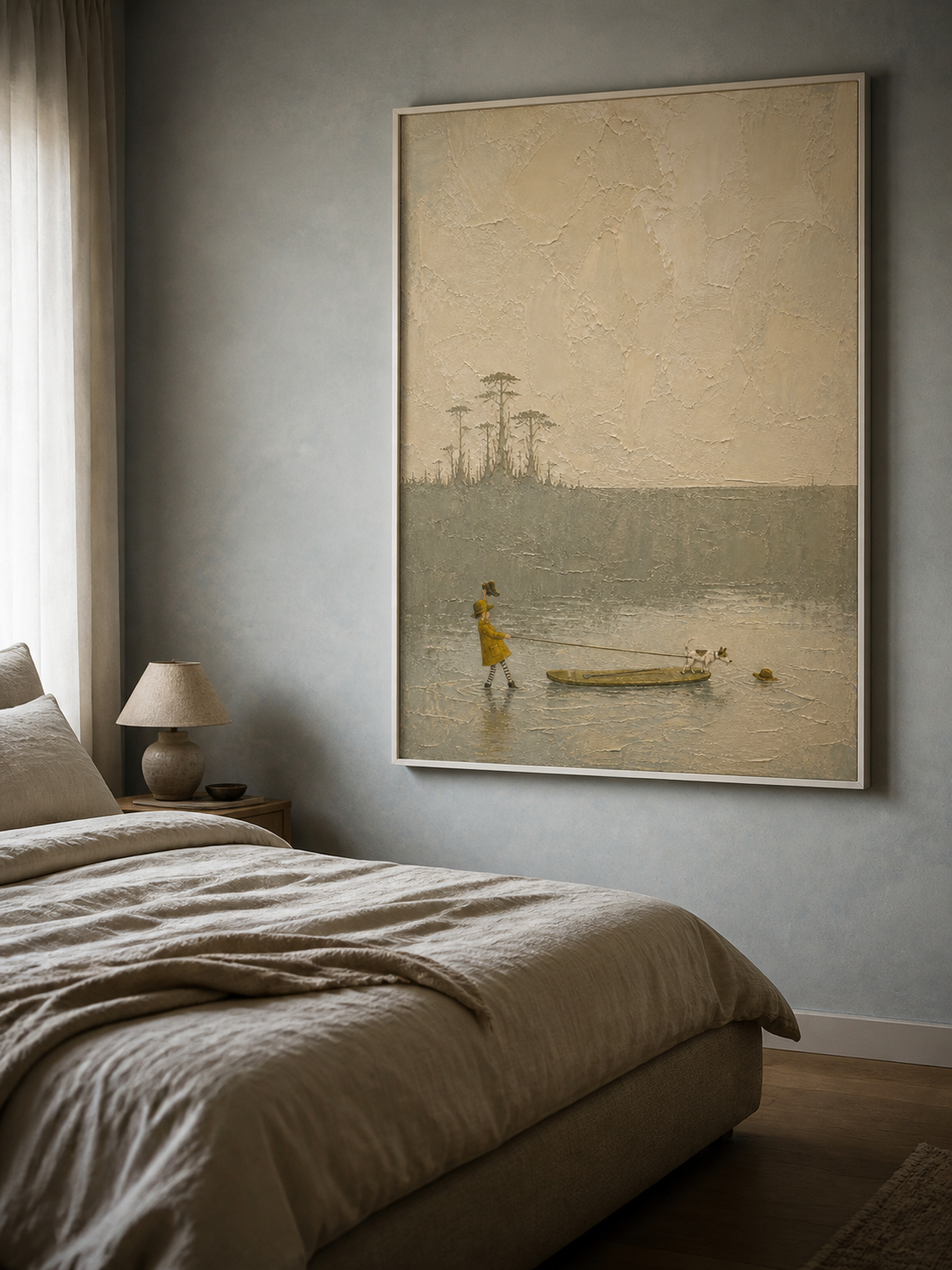 Vintage Girl And Dog Travel Canvas Painting In Beige And Grey