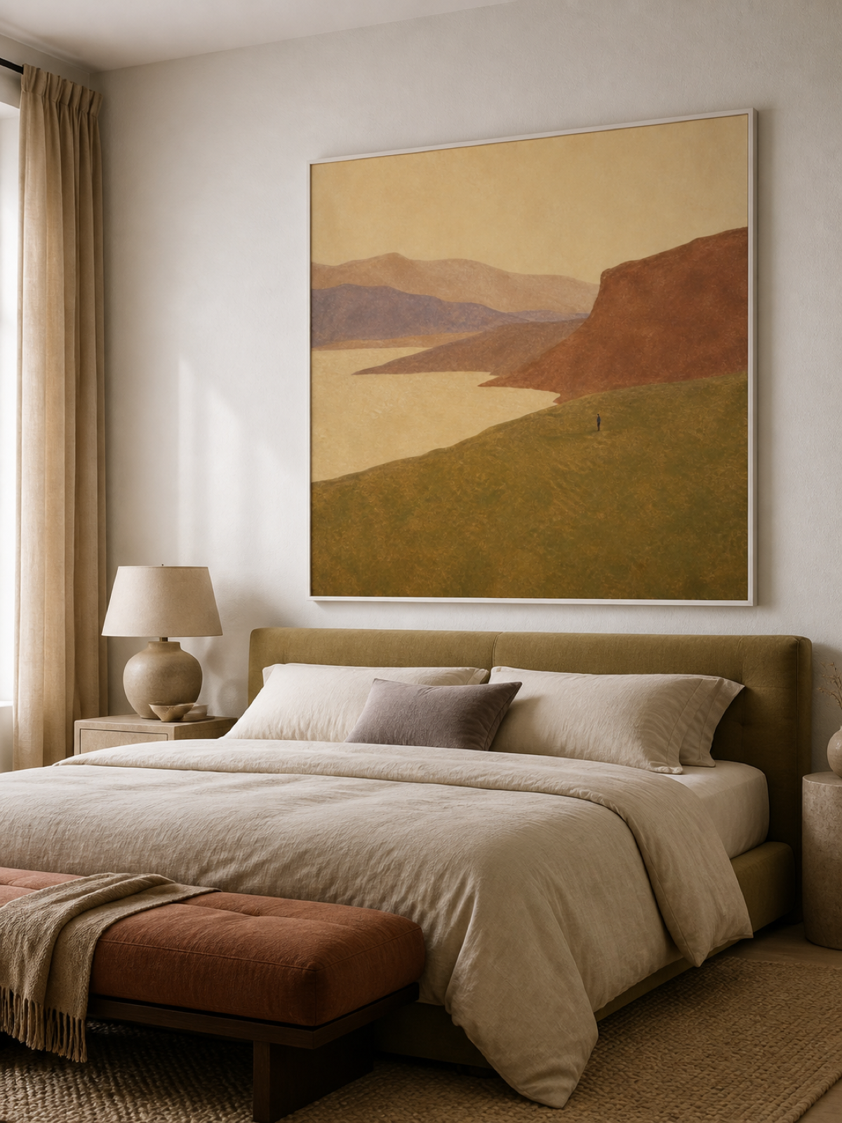 Solitary Figure Mountain Valley Hand-Painted Canvas Art In Earth Tones
