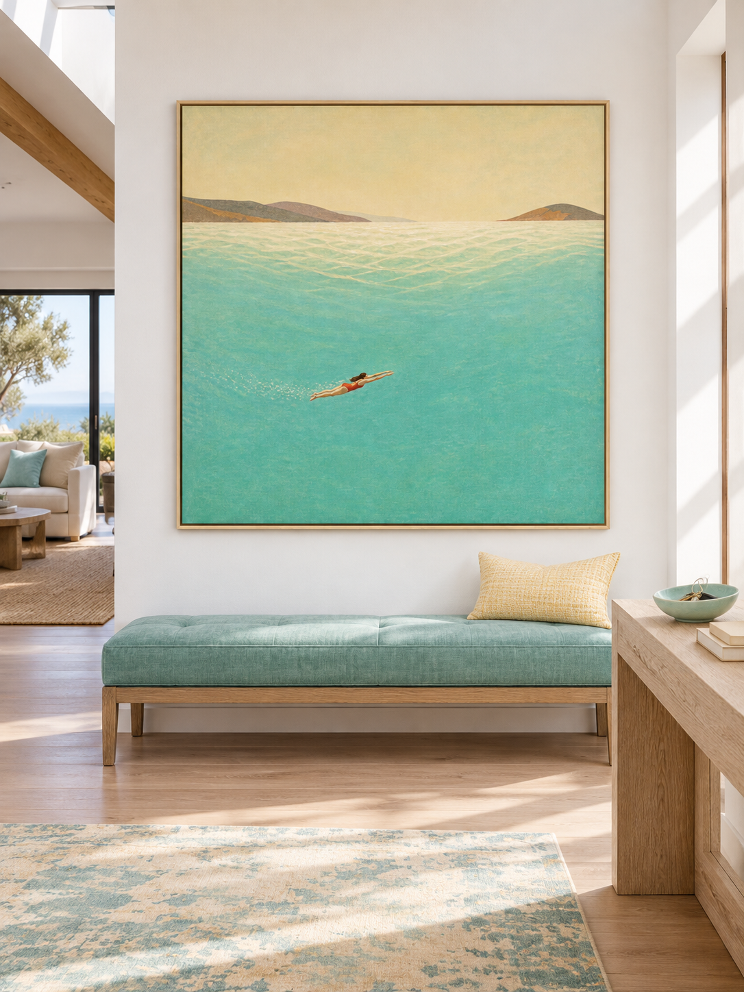 Minimalist Diving Art Original Oil Painting Beige And Green Tones