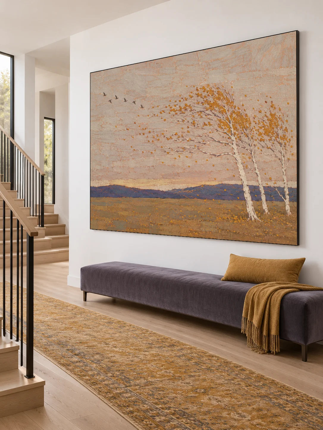 Large Rural Landscape Wall Art Hand Painted Minimalist Birch Tree Canvas Painting