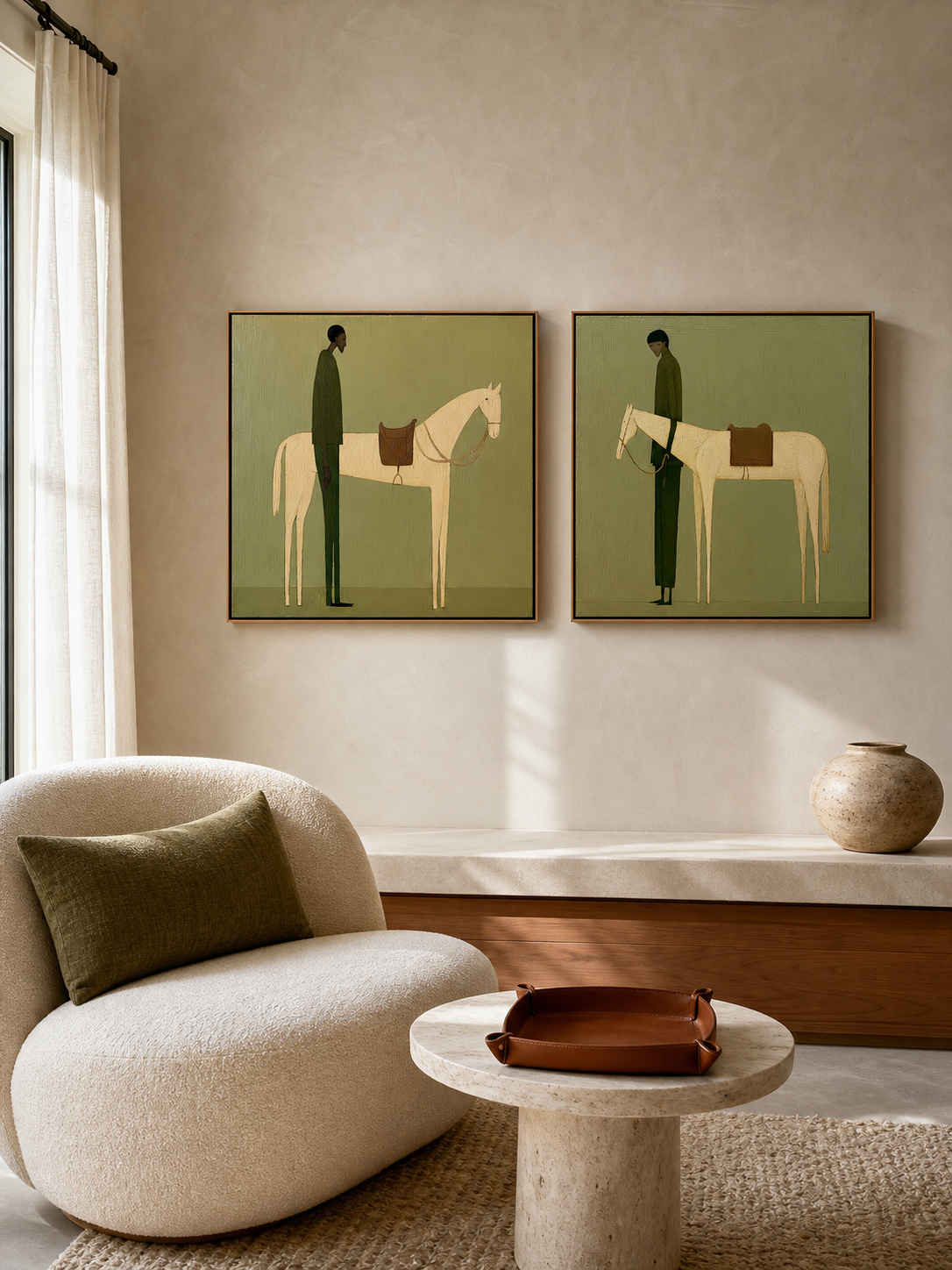 Retro Minimalist Man And Horse Painting Set Of Two For Living Room Decor