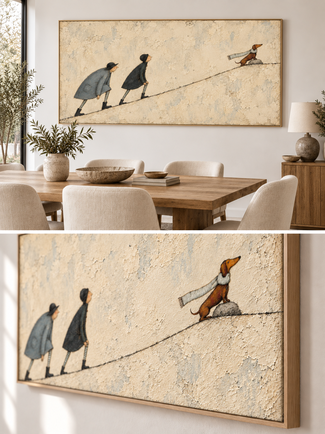 Hand Painted Dachshund Adventure Wall Art Minimalist Storybook Canvas Artwork