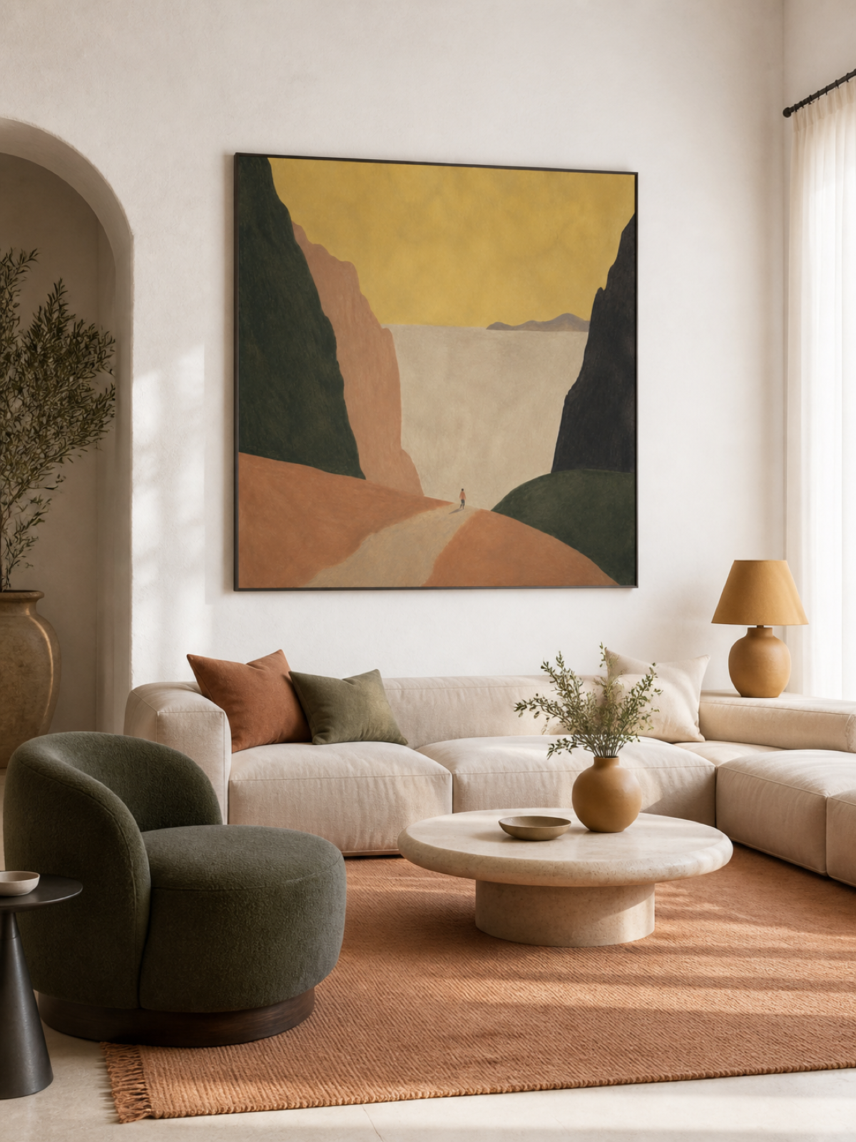 Golden Sky And Dark Green Cliffs With A Lone Wanderer Contemporary Oil Painting