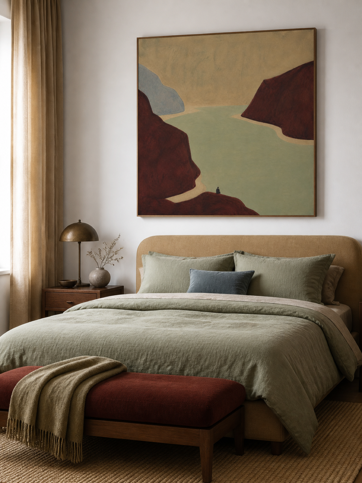 Burgundy Canyon Landscape Hand-Painted Canvas Art With Sage Green Lake