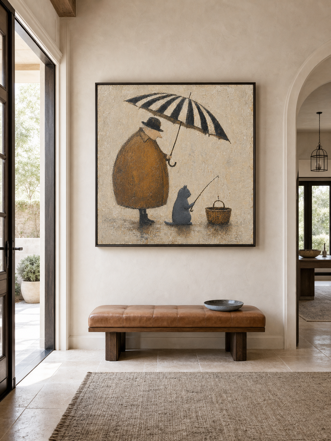 Whimsical Cat And Man Painting With Umbrella For Cozy Home Decor