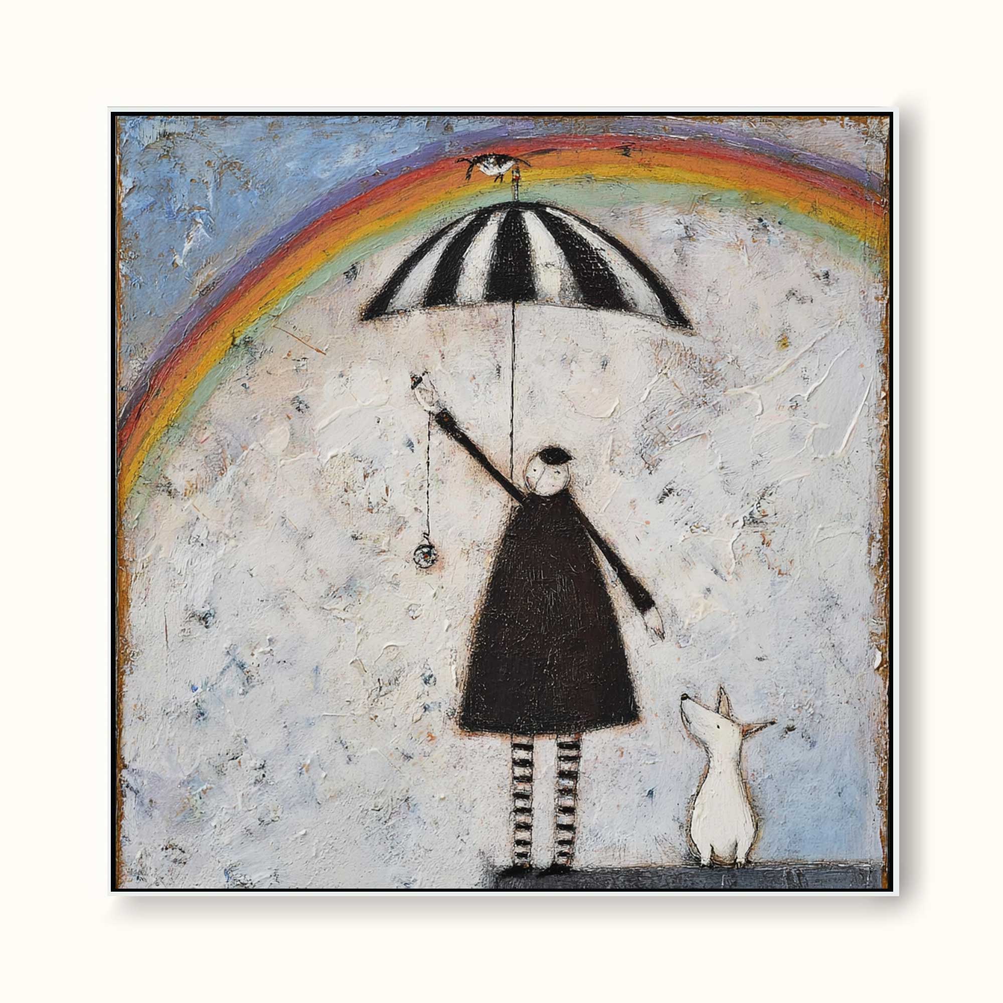 Vintage Figure With Rainbow And Dog Original Oil Painting On Textured White Canvas For Modern Home