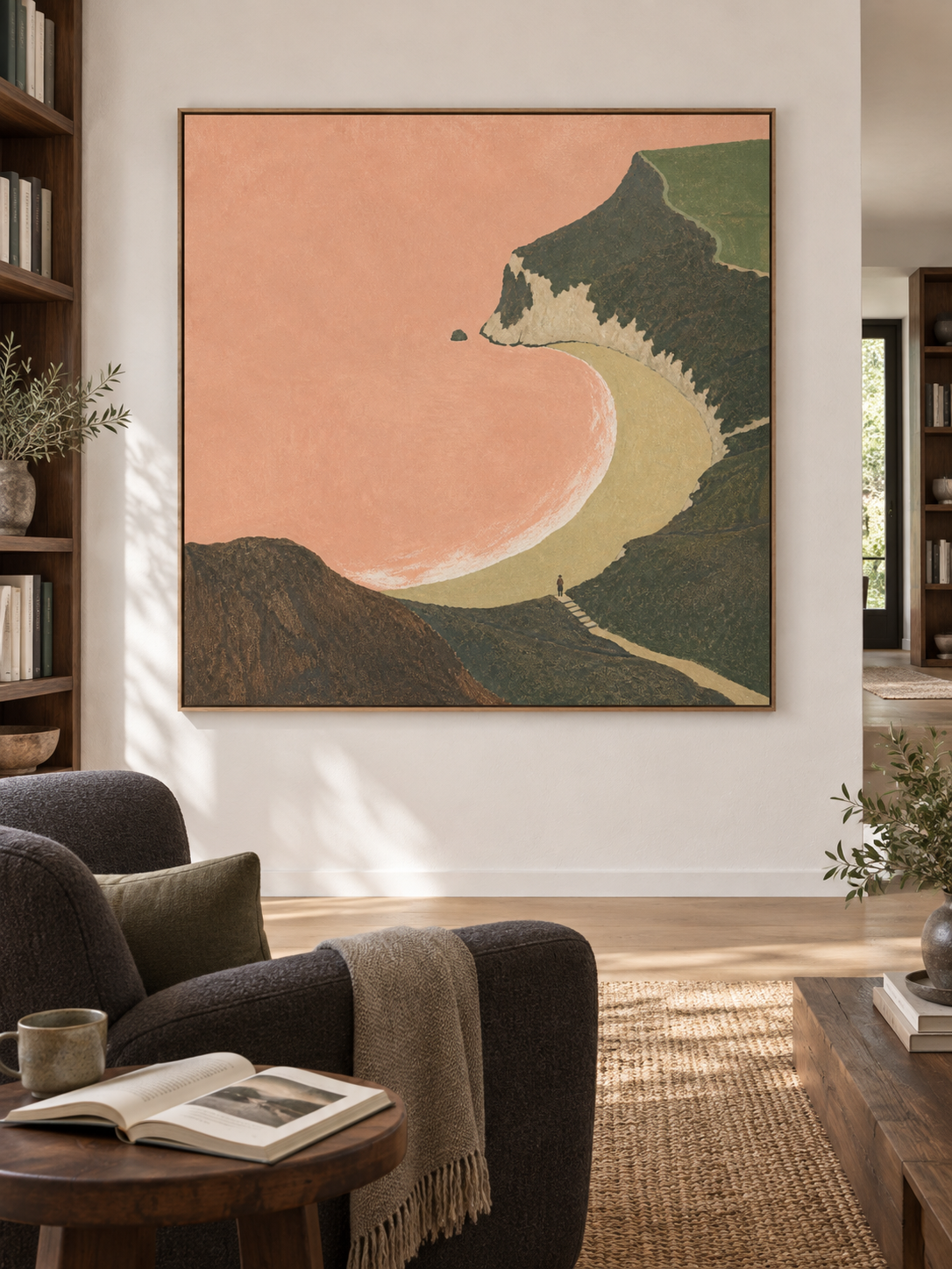 Solitary Figure On Cliffside Path Overlooking Pink Bay Canvas Painting