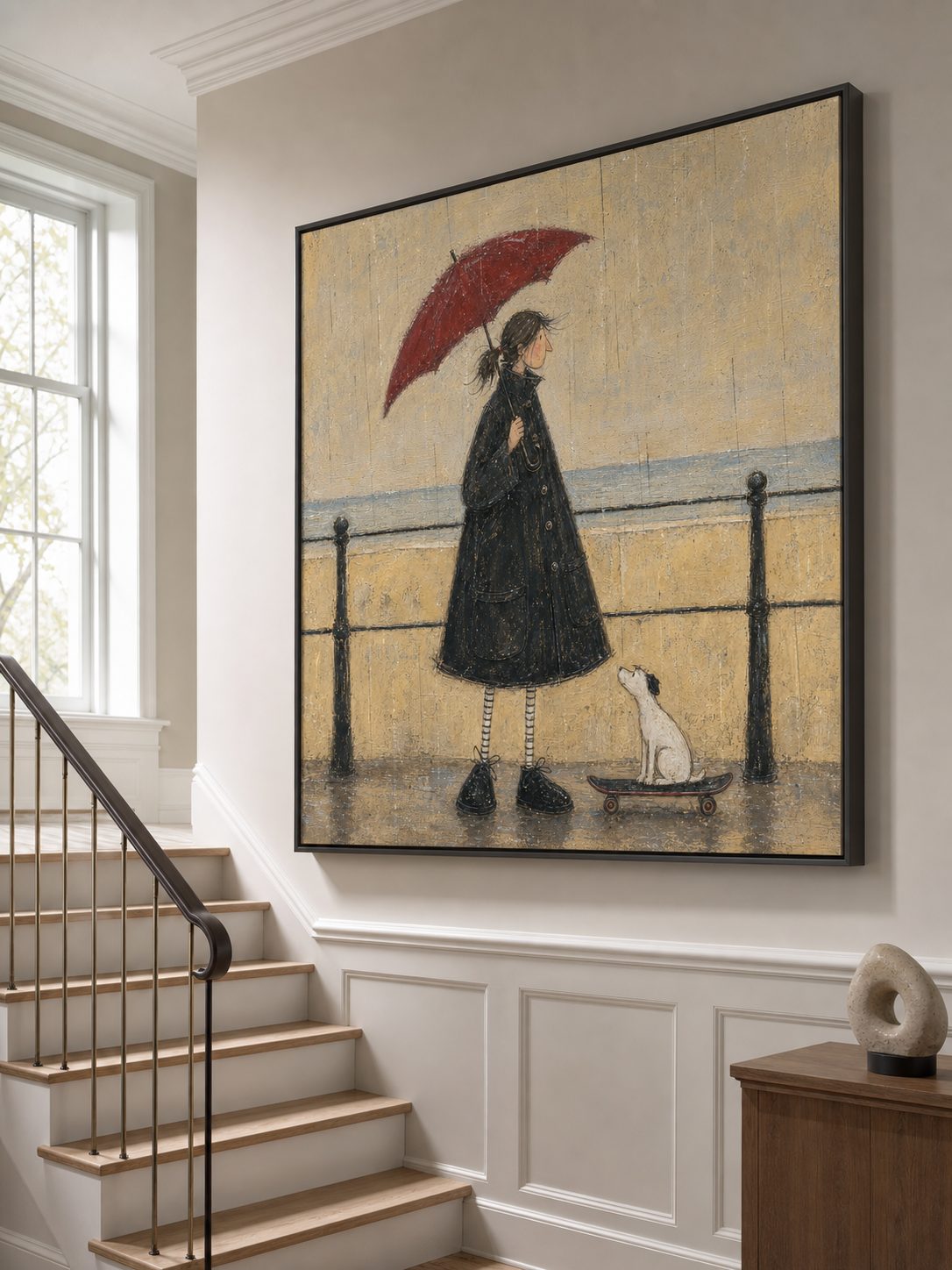 Large Minimalist Art Rainy Day Woman With Red Umbrella Framed Oil Painting