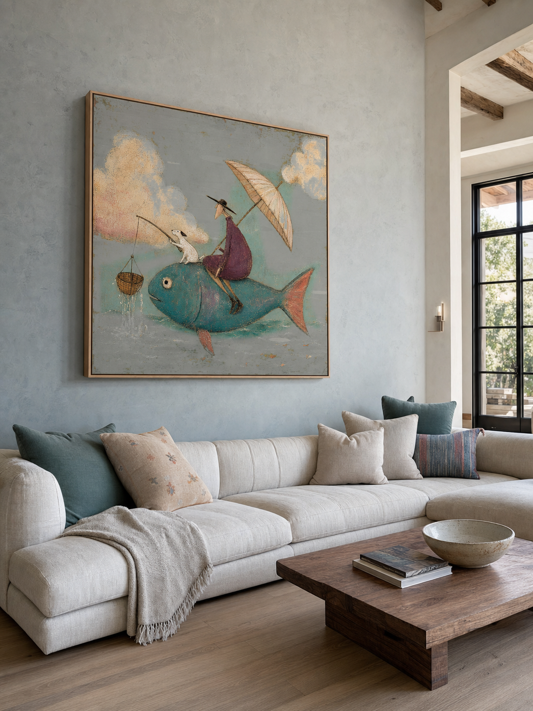 Whimsical Fish Riding Painting With Dog Vintage Surreal Wall Art For Living Room Decor