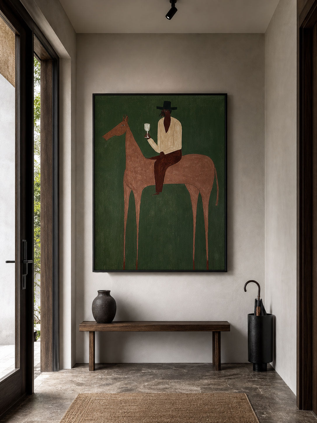 Vintage Minimalist Horse Oil Painting Framed Green Canvas Wall Art For Bedroom Sanctuary