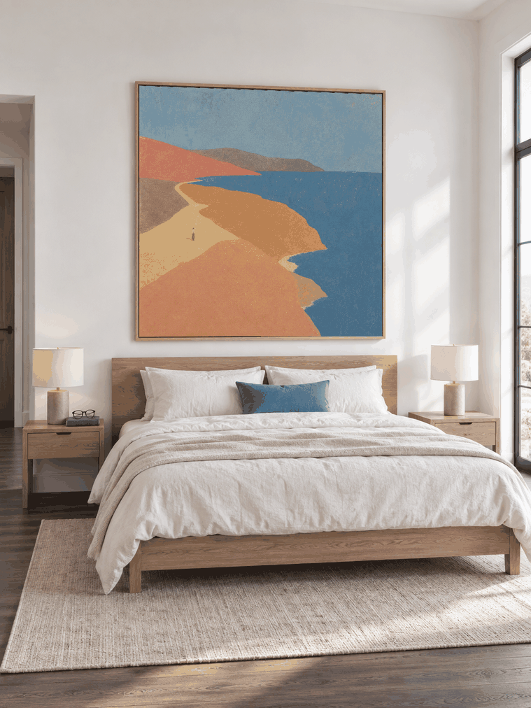Modern Minimalist Seascape Painting In Earth Tones And Deep Blue Original Art