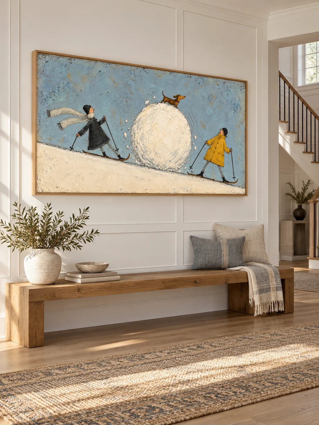 Whimsical Skiing Dog Hand-Painted Canvas Art With Snow Story